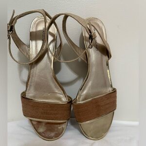 Bandolino Gold and Brown Strappy Block Heel Sandals